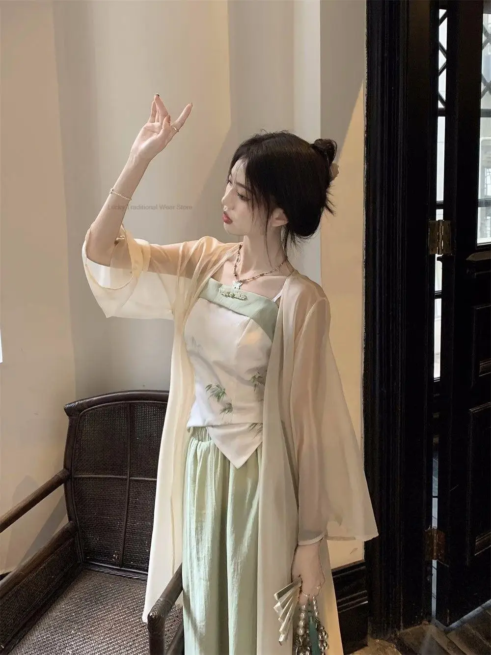 Summer New Chinese Improved Hanfu Dress Set Women Elegant Vintage Clothing Vintage Style Lady Hanfu Three Piece Cheongsam Set