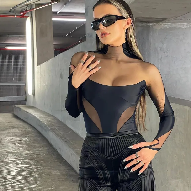 

Spring Patchwork Round-Neck Long Sleeve Bodysuit New Fashion Black Hollowed Out Tops Club Partywear Slim Long Sleeve Clubwear