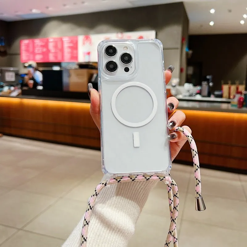Strap Case Voor iPhone 15 14 13 12 17 Pro Max 16 Plus Magsafe Crossbody Lanyard Schokbestendig Helder Magnetisch Draadloos Opladen Cover