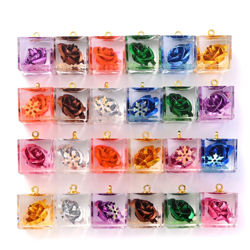 5 Stück transparente, quadratische, leuchtende Rosenblüten-Anhänger für DIY-Schmuckherstellung, Bastelarbeiten, Anhänger, Armbänder, Halsketten