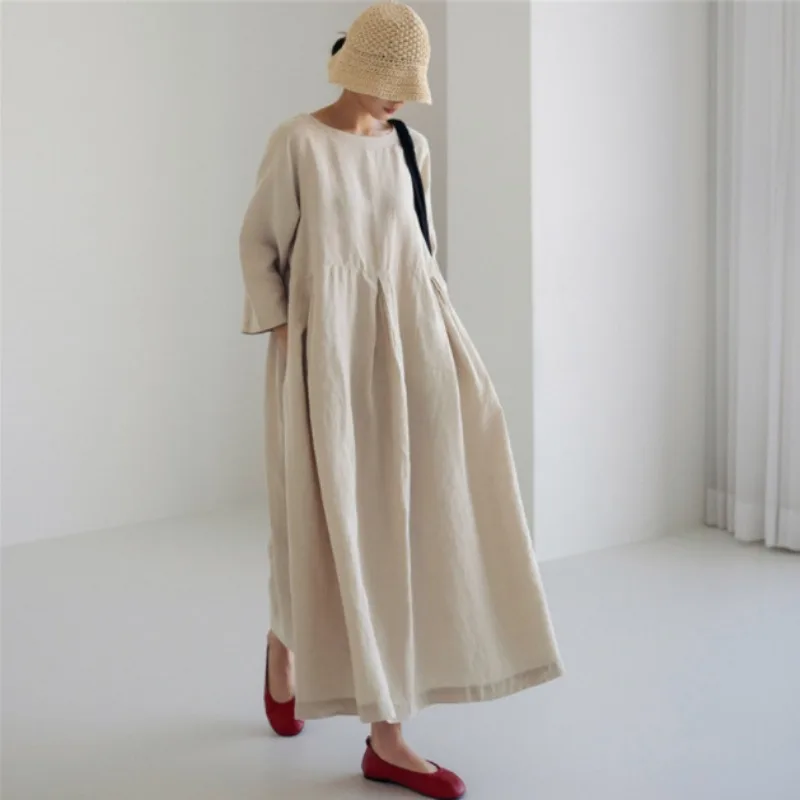 

Women's Dress Fashion Loose Oversize Pleated Round Neck Pullover Solid Color Big Bottom Dress Bohemian Women's Dress