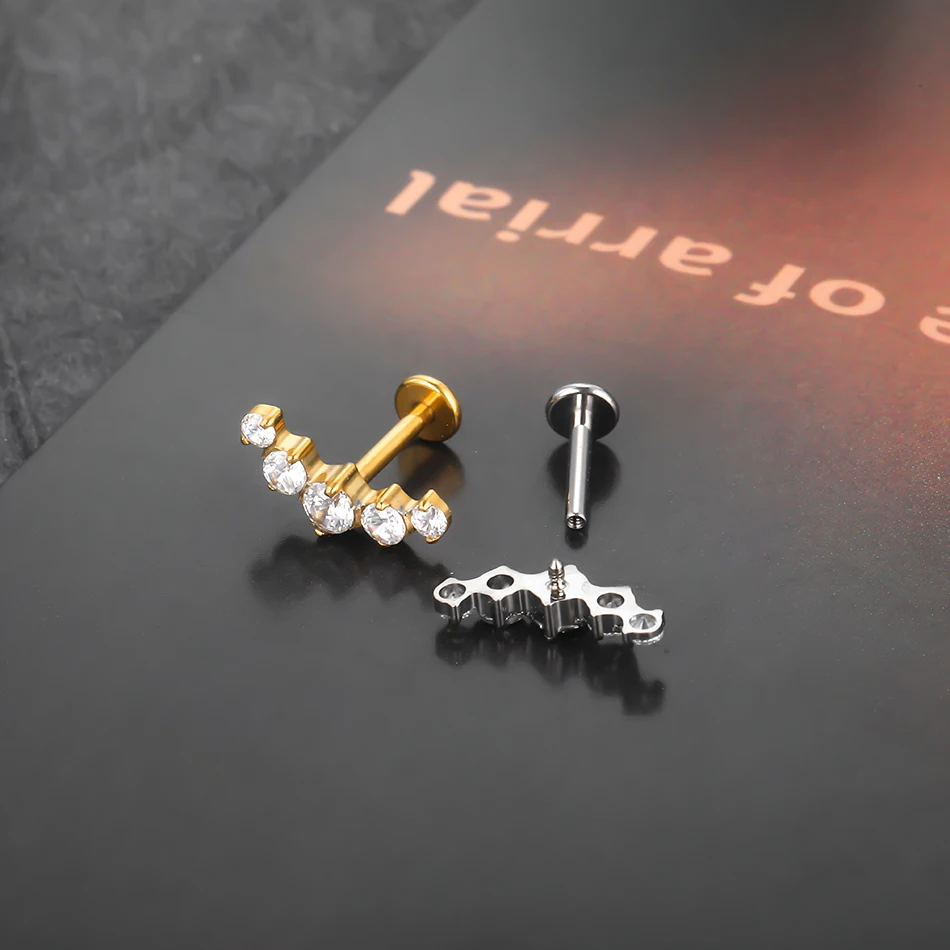 5/10Pcs Gold Plated 5 CZ Labret Lip Rings Titanium Crystal Cluster Ear Cartilage Tragus Helix Daith Conch Piercings Jewelry 16G