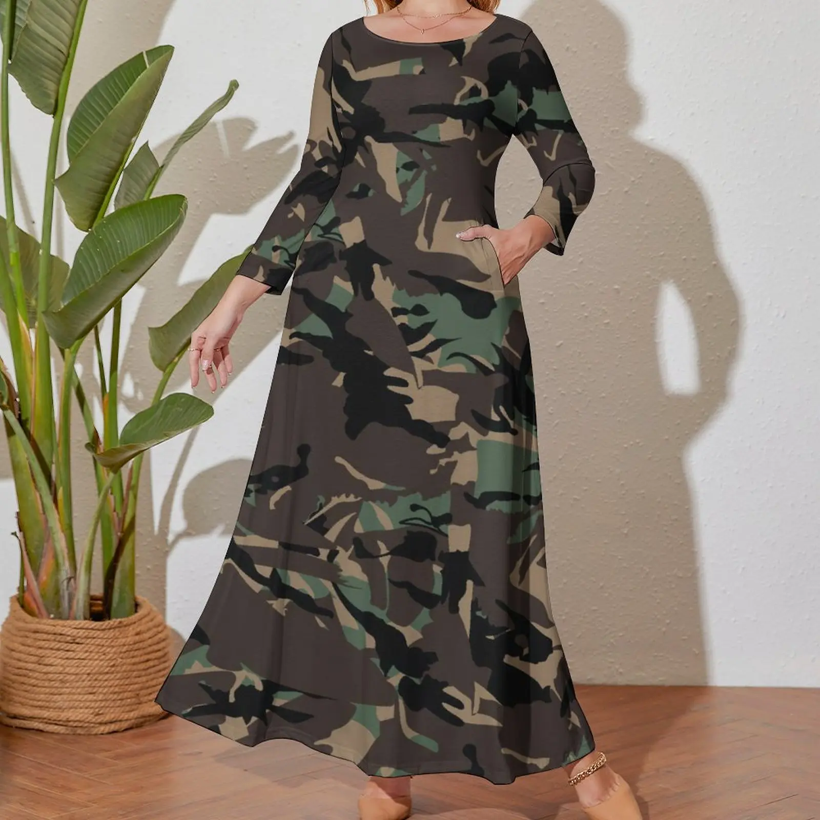 Camo Print Army Dress Long Sleeve Sloth Camouflage Elegant