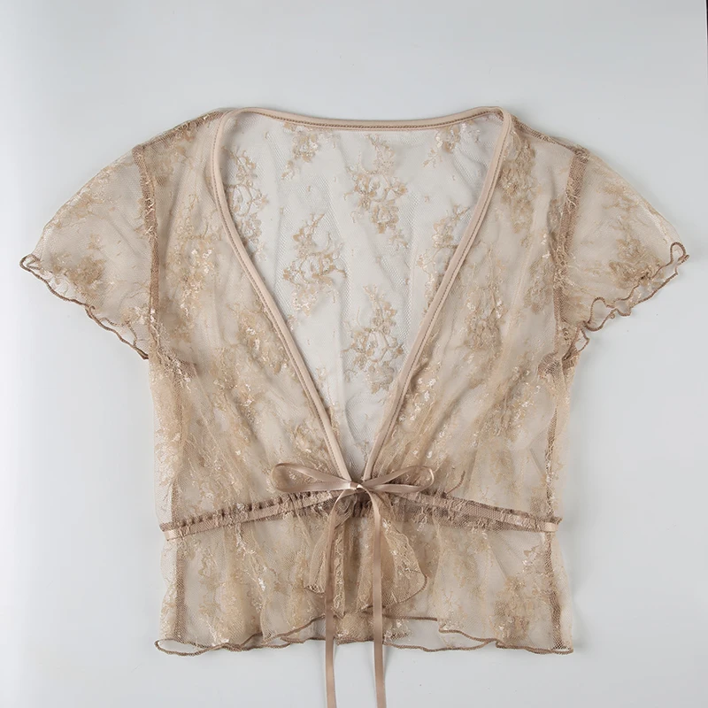 Cárdigan de encaje transparente, top marrón vintage, camiseta corta de manga corta, top informal Y2K con cordones y cuello en V, top bonito, ropa de calle