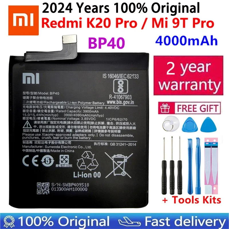 

100% Original Battery For Xiaomi Redmi K20 Pro / Mi 9T Pro 4000mAh BP40 Replacement Li-ion Polymer Phone Battery Repair Parts