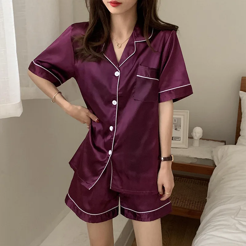 Women's 2 Piece Pajamas Sets Turn Down Collar Faux Silk Satin Female Pijama Sleepwear Short Sleeve Shorts Loungewear Pyjama