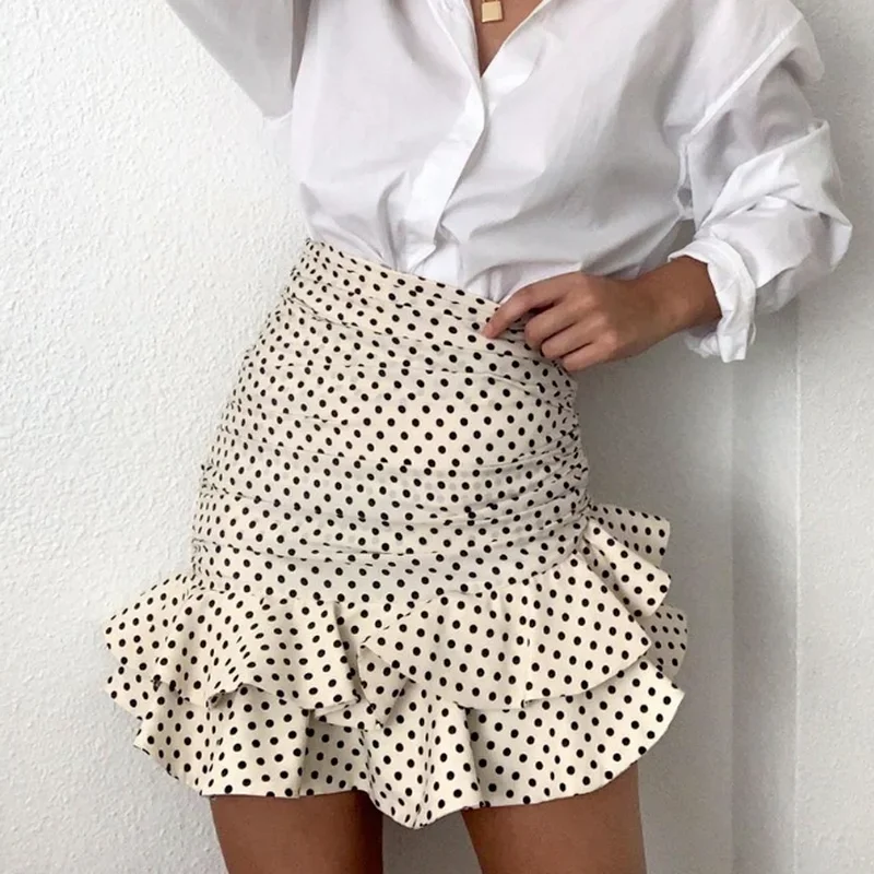 Women fashion polka dot print pleated asymmetrical skirt faldas mujer ladies back zipper vestidos chic ruffles skirts  korean