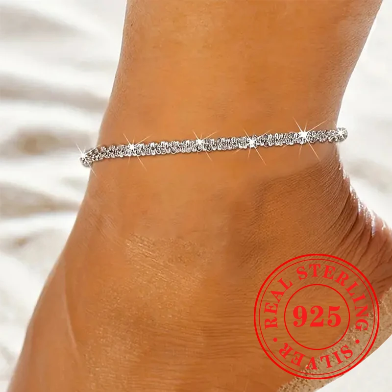 Silver Anklets 925 Sterling Silver Snake Chain Anklets Women Summer Shiny Creative Fine Jewelry Fashion Exquisite Feet Accessories