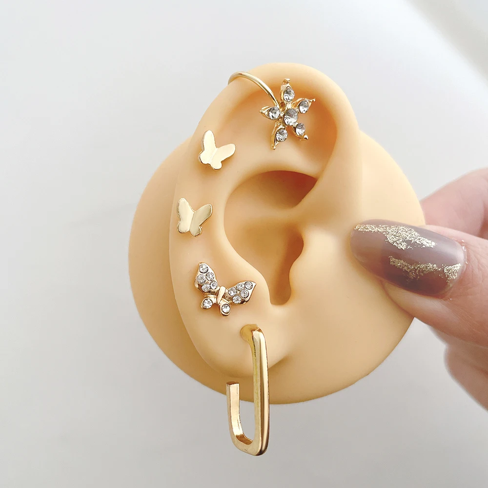 Fashion Bohemia Earrings Set Ear Clip Gold Color Shining Snake Butterfly Diamond Ear Studs Gift For Women Cartilage Clip Jewelry