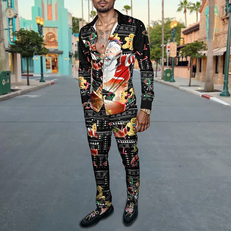 2025 Spring Summer Men Shirt Set Christmas Print Fashion Gingerbread Man Two Piece Set Mens Snowman Lightweight Party Long_voghion.com