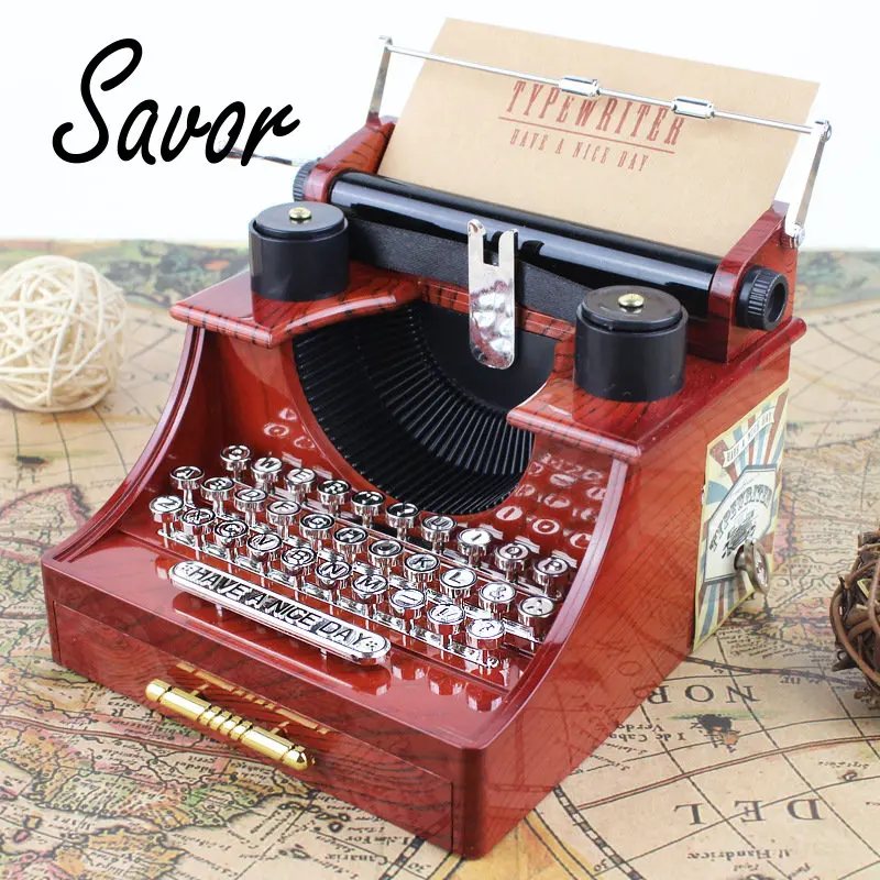 

Wooden Crank Queen Classic Typewriter Model Music Box Metal Antique Toy Christmas Gift