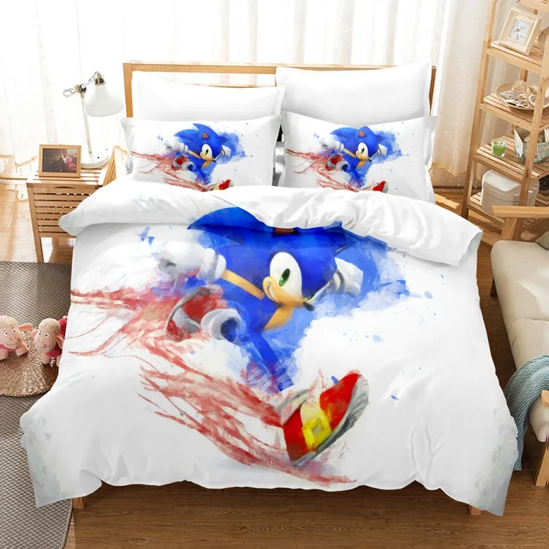 thumbnail image 1 of Juegos de ropa de cama Sonic con funda de almohada, ropa de cama con estampado 3D de Anime Harajuku, ropa de cama para cosplay, tamaño king, funda de edredón, traje de cama, 1 of 5