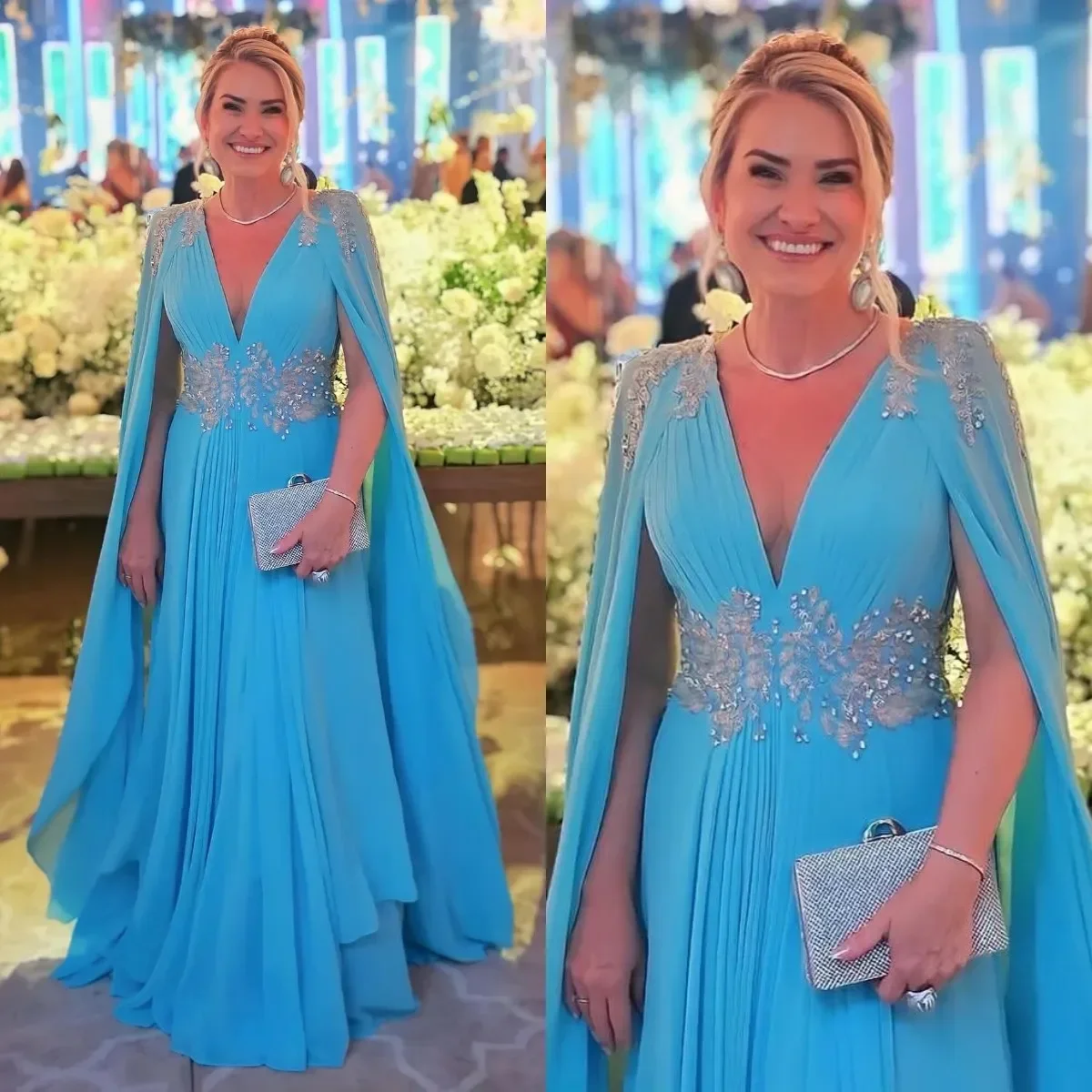 Elegant Blue Mother of The Bride Dresses with Cape V Neck Wedding Guest Dress Beaded Appliqued Long Evening Gowns