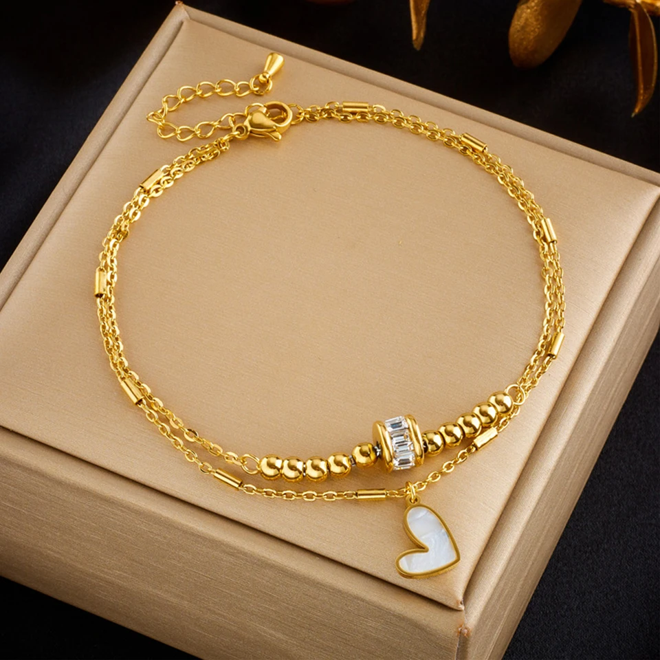 Ankle Chains Fashion Accessories ZAKOL Fashion Stainless Steel Heart Electrocardiogram For Women Gold Color Chain Bracelet Jewelry Gift