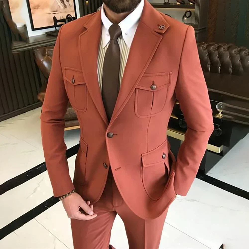 Four Pockets Men Suits 2 Piece Fashion Single Breasted Notch Lapel Suit Business Casual Wedding Tuxedo Slim Costume Homme 2