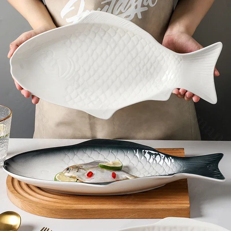Creative Fish Shaped Ceramic Plate Simple Restaurant Tableware Steamed Fish Dish Grilled and Seafood Dishes Dinner Plates