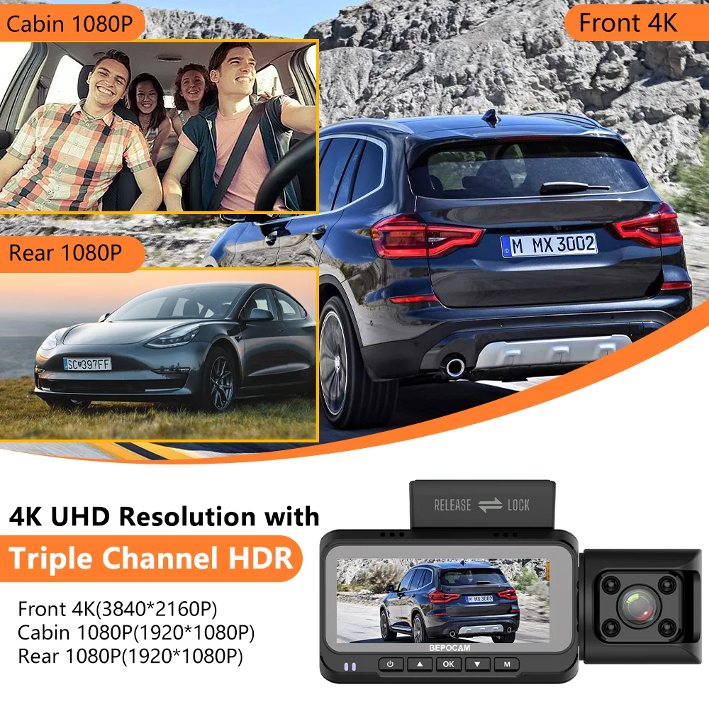 Dash Cam BEPOCAM ZD80 4K+1080P+1080P Dash Cam 3 Cameras Built-In GPS Tracker 5G WiFi Infrared Night Vision Car DVR Vehicle Dash Camera
