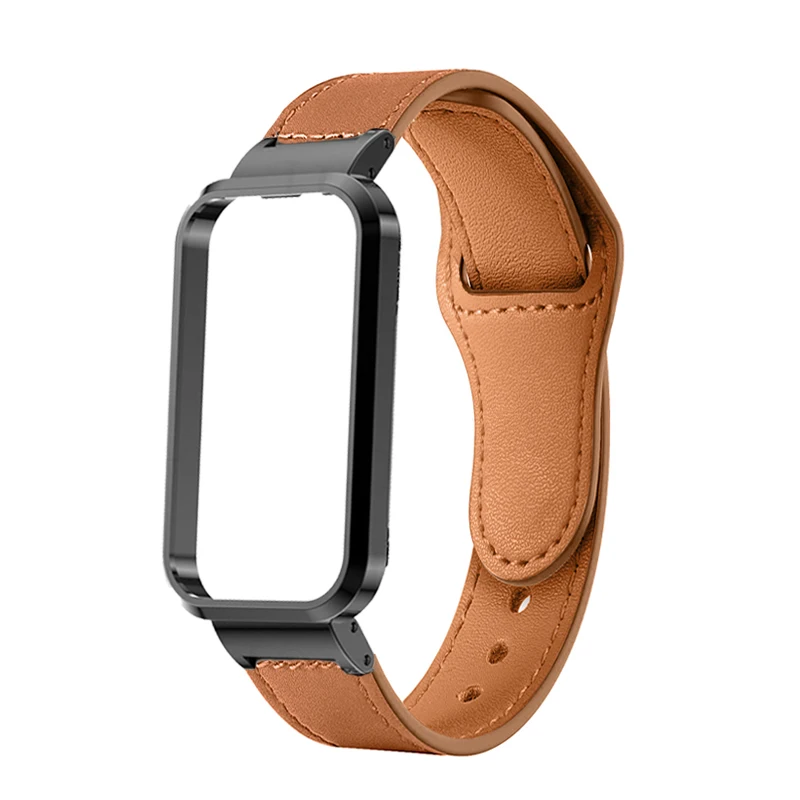 Premium Leather Strap with Metal Cover for Smart Band Wristbands – Elegant Protective Case Shell Frame