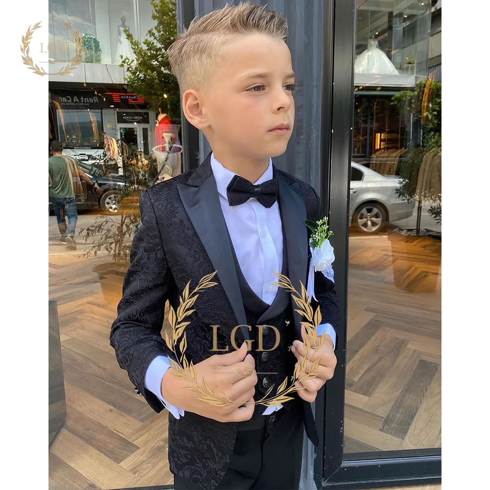 Navy pattern boy 3 piece formal suit dinner tuxedo little boy groomsmen wedding party prom jacket vest and black trousers boys formal suit set
