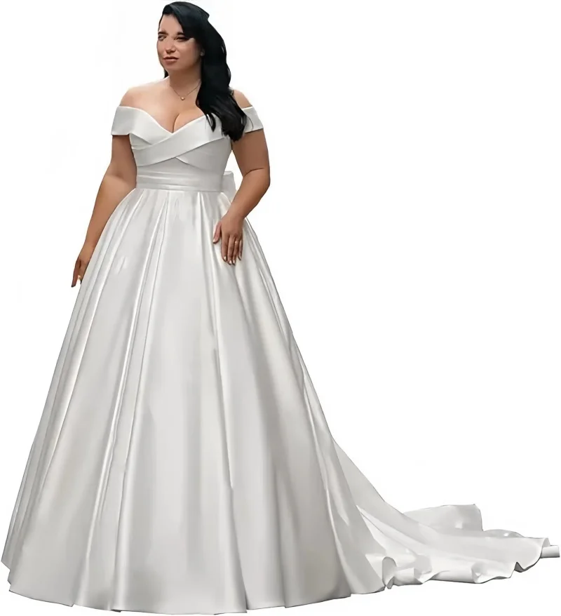 Satin V Neck Plus Size Wedding Dresses Off The Shoulder Lace Up Back Big Bow Pleated Bridal Gown with Pockets and Court Train 6