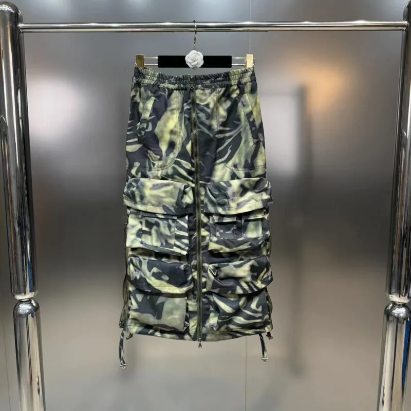 

BORVEMAYS Tie Dye Camouflage Contrasting Colors Skirts Summer New High Waist Knee-length Zipper Pockets 2024 WZ8416
