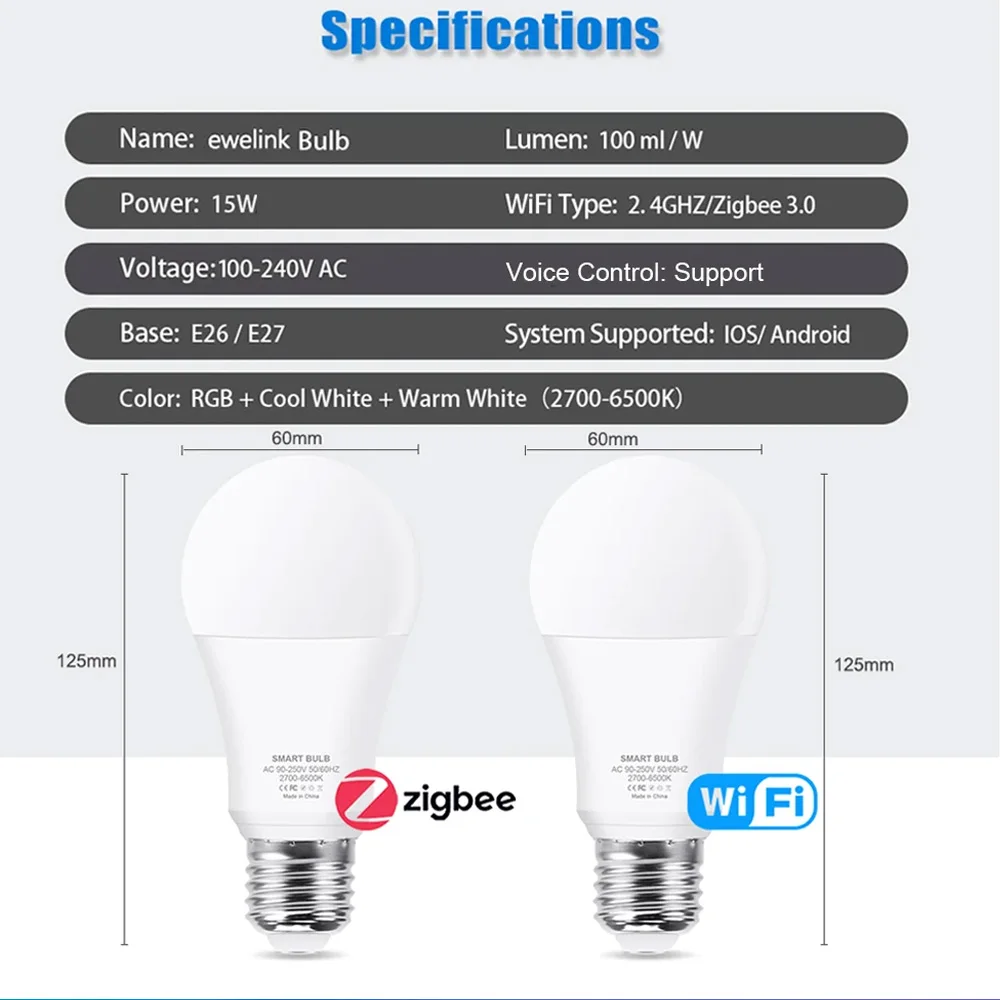 Умная лампа Ewelink с Wi-Fi/Zigbee, светодиодная лампа Alexa, E27, RGB, умные лампочки, 100-240 В переменного тока, 15 Вт, освещение для Alexa, Amazon, Alice Voice