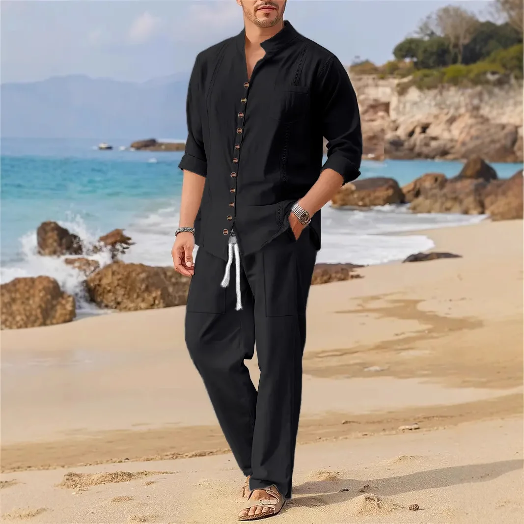 2025 Spring and autumn Cuban style fashion men's shirt trend casual multi-button stand collar loose long sleeve pants beach suit 3