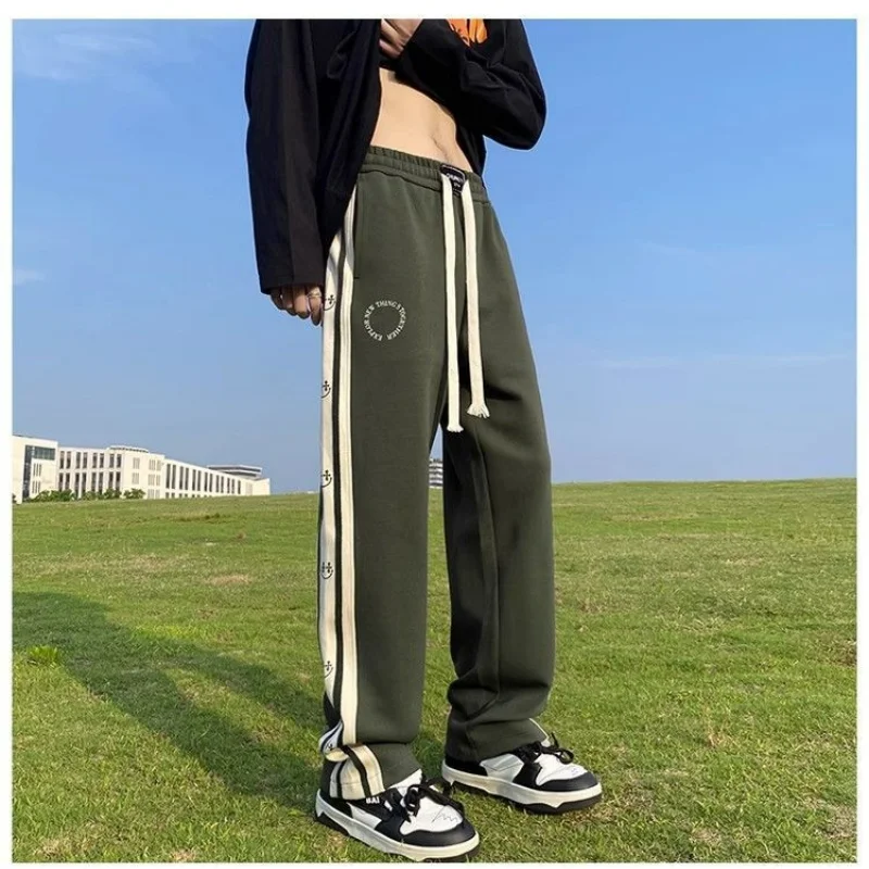 American Vintage Patchwork Contrasting Sports Pants Men's Autumn Print Drawstring Trend Versatile Loose Straight Casual Trousers