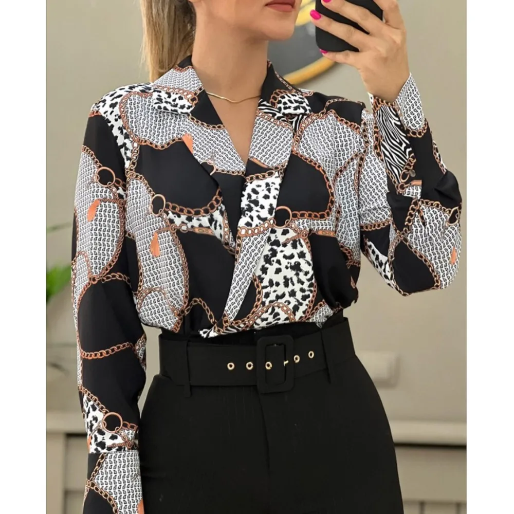 

Office Ladies Temperament Blouses & Shirts 2023 Autumn Notched Neck Long Sleeve Chain Leopard Print Shirt Women Casual Pink Tops