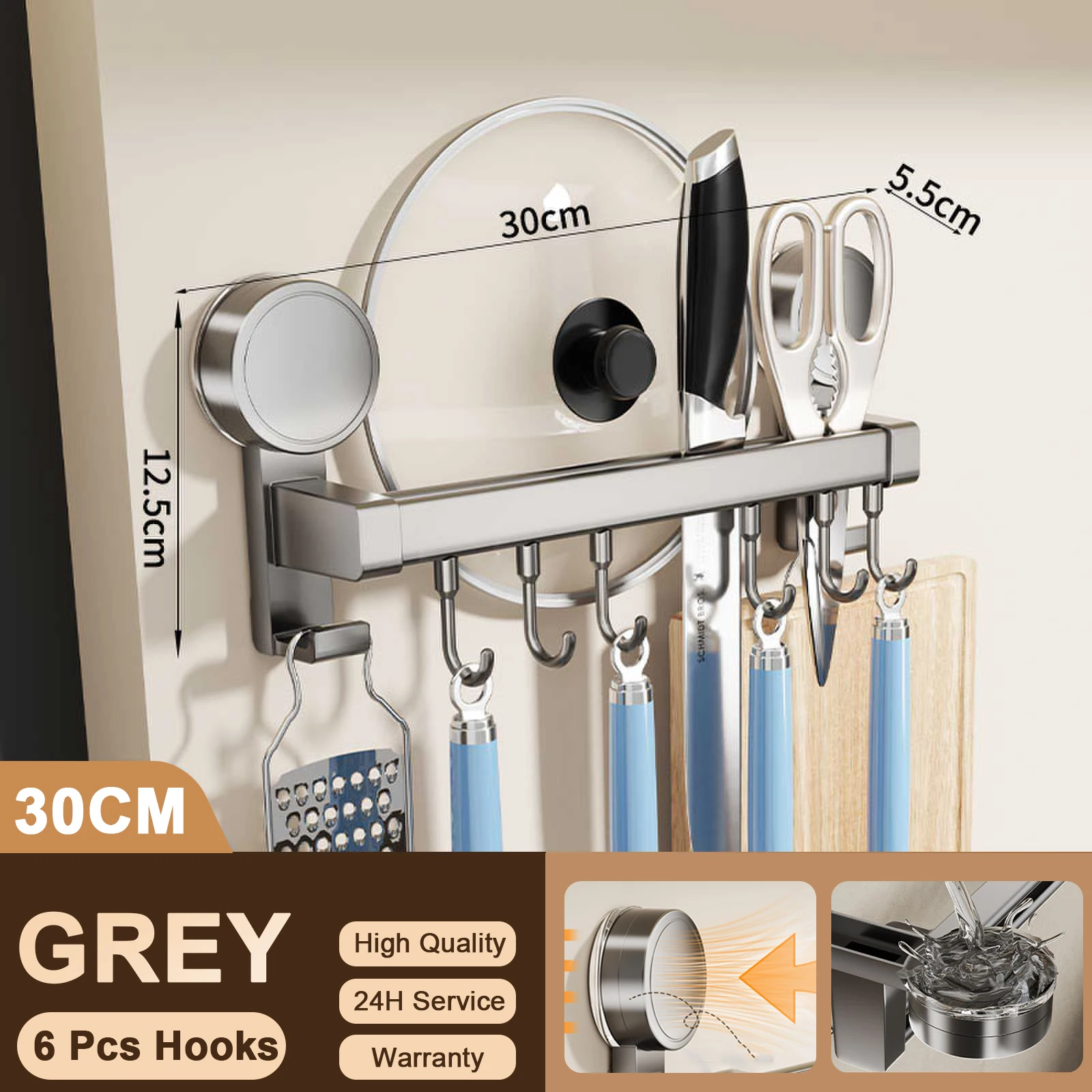 Wall Mounted Kitchen Hook Rack No-Punching Wall Hangers Rail Kitchen Utensils Rack Spoon Shovel Chopping Board Storage Rack_voghion.com