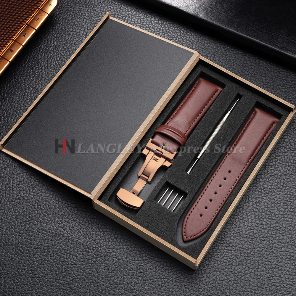 Elegant Leather Watch Strap with Butterfly Clasp and Wooden Box Packaging