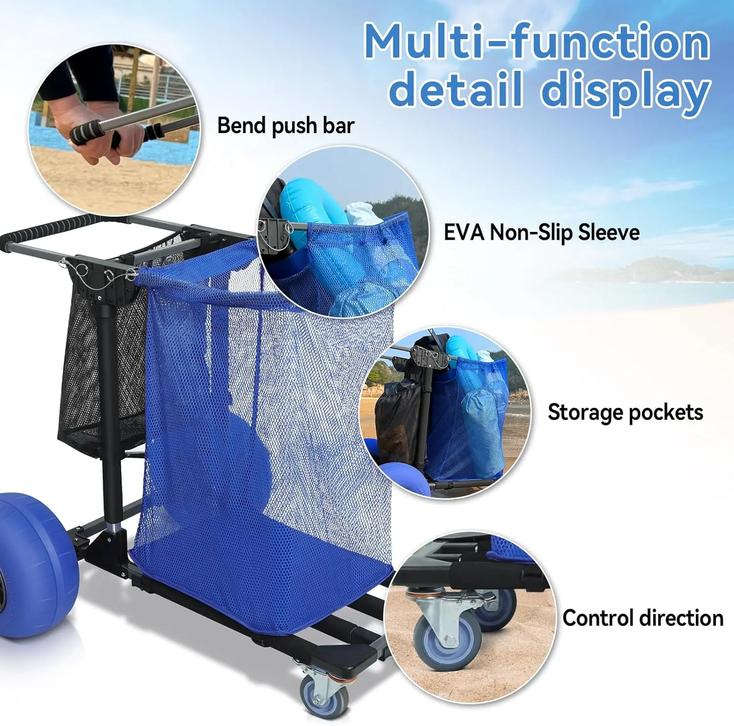 12"Sand Tires Adjustable Handle,Large Capacity Cart with Storage Pockets,Straps &Beach Chair Hooks,Maximum Weight Capacity220lbs