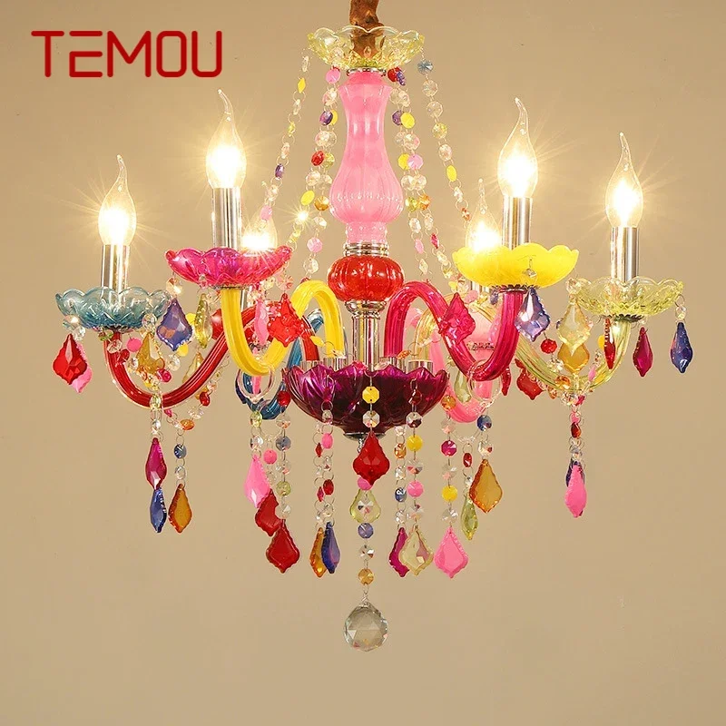 

TEMOU European Style Crystal Pendent Lamp Pink Girls' Room Candle Lamp Luxurious Living Room Restaurant Bedroom Villa Chandel