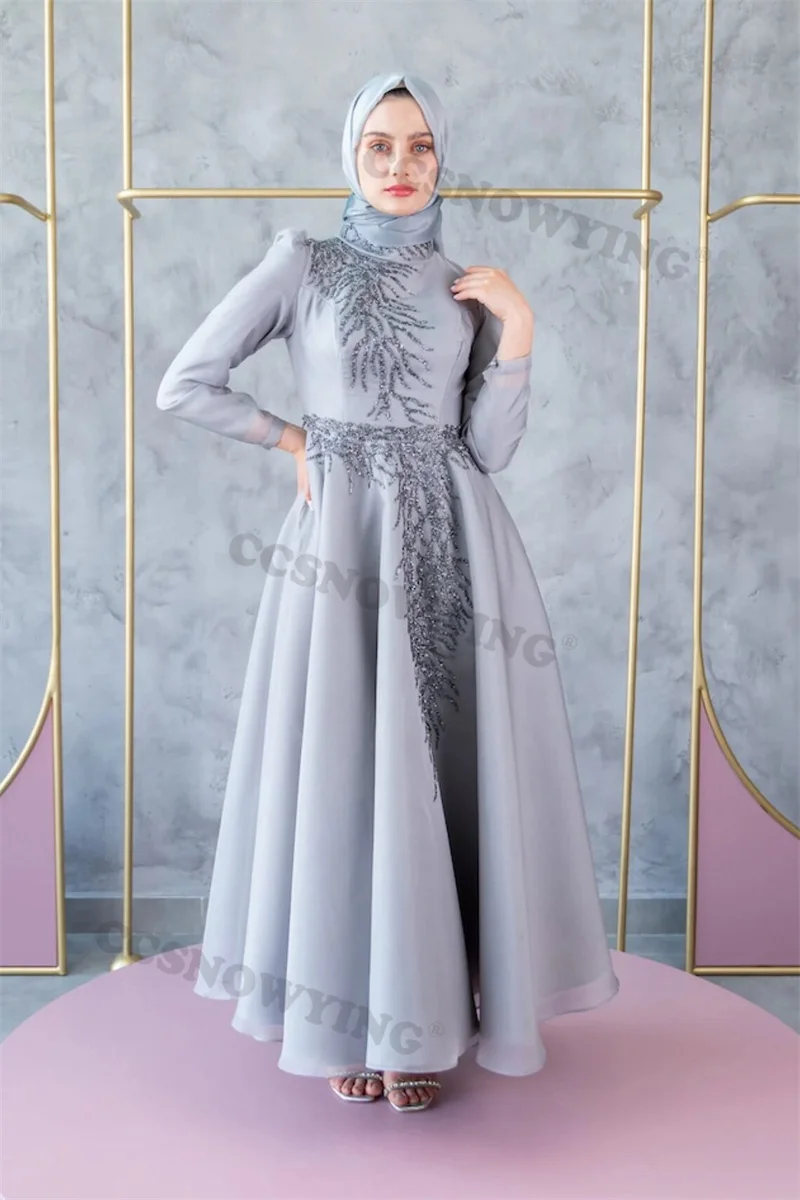 

Organza Beaded Full Sleeve Muslim Evening Dresses High Neck Islamic Formal Party Gown Women Arabic Kafatn Hijab Robe De Soiree