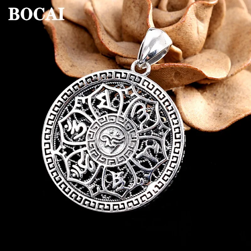 

New S925 Silver Buddhist Six Character Mantra Hollow Out Double-Sided Carving Filigree Man and Woman Pendant Good Luck Jewelry