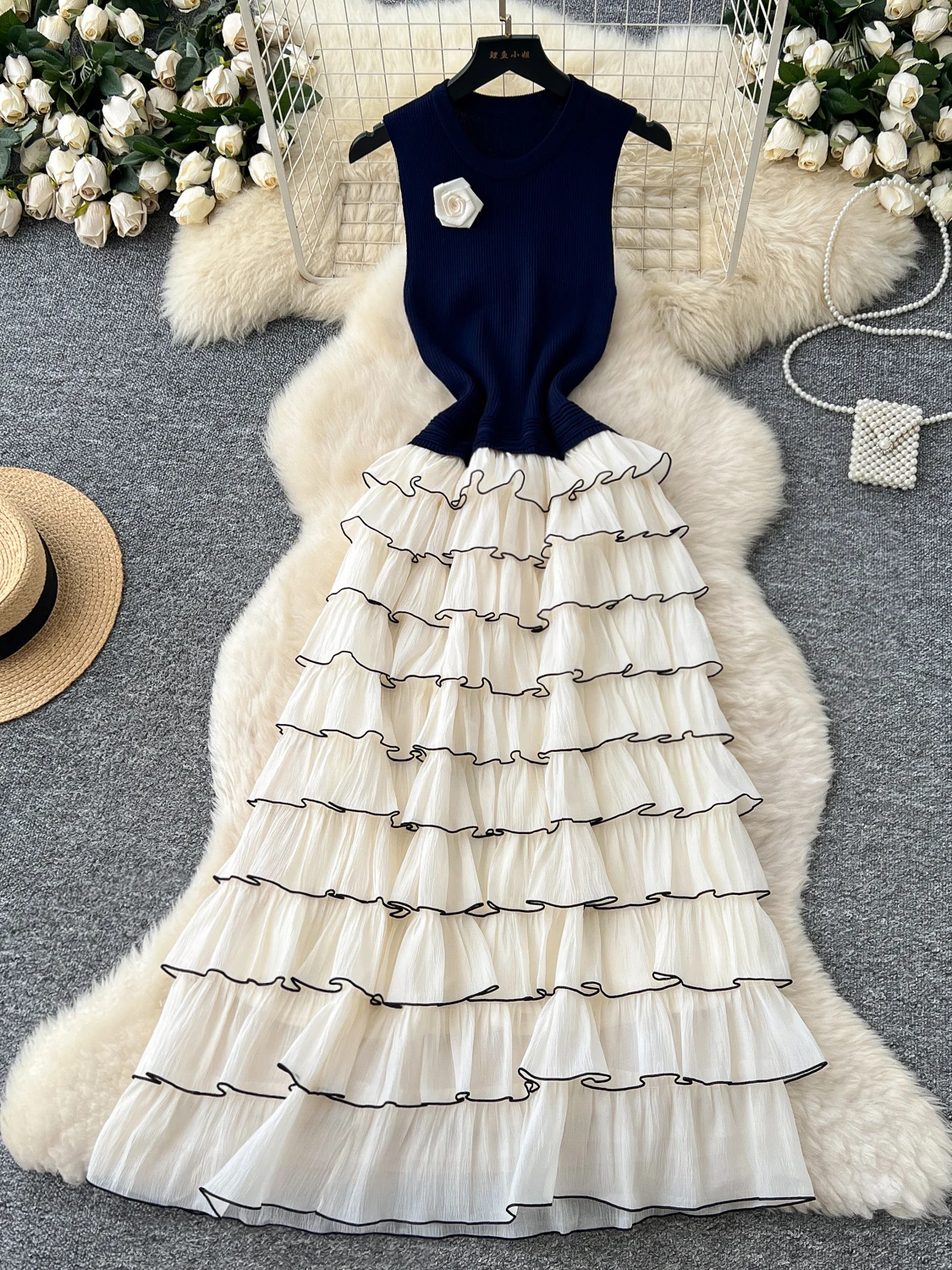 High-End Knitted Floral Contrast Color Svel Layered Cake Dr Women's Long Dr High Waist A-Line Casual Sle Summer...