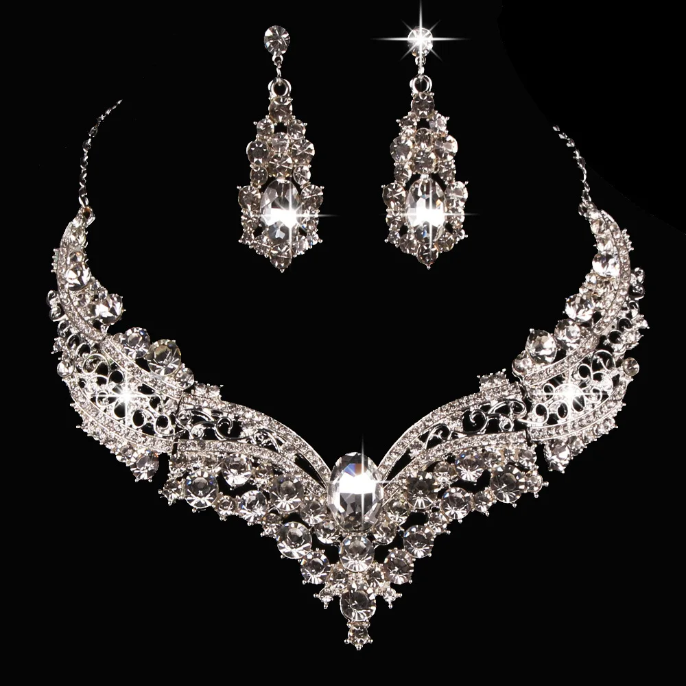 

Wedding Bridal Jewelery for Women Austrian Crystal Teardrop Cluster Statement Necklace Dangle Earrings Link Bracelet Set