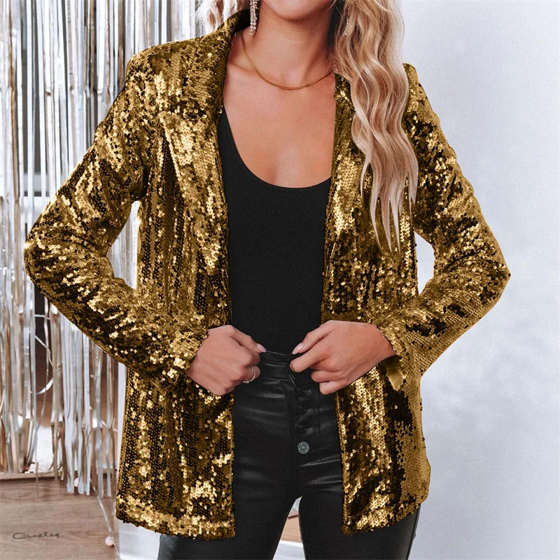 

2024 Fashion Sequins Suit Jacket Women Streetwear Blazers Loose Coat Spring Autumn Female Golden Paillette Outerwear Casual Tops