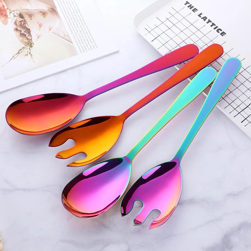 2pcs Gold Salad Spoon and Fork Stainless Steel Spoons Stirring Fork Kitchen Utensils Metal Buffet Service set for restaurant