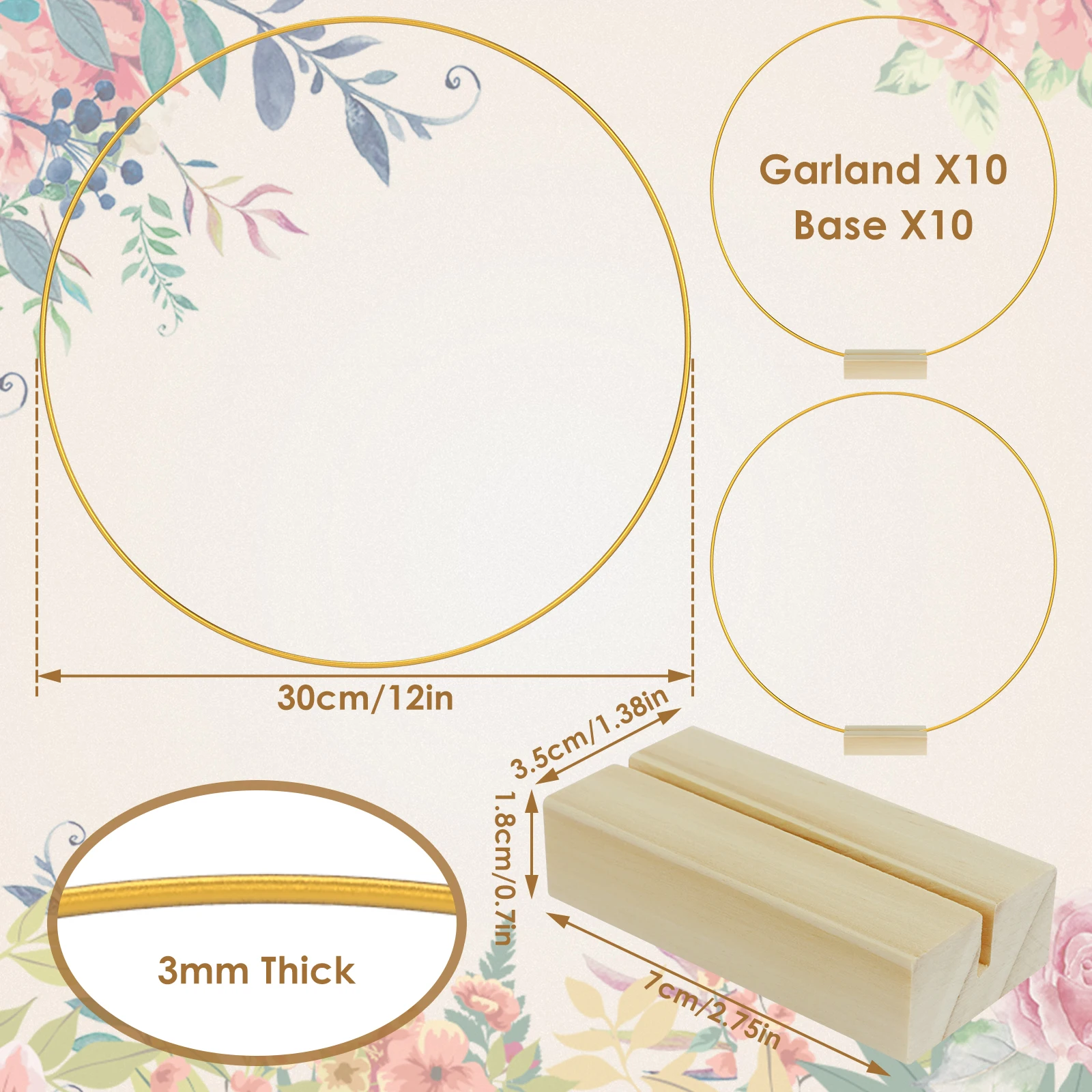 10Pcs Metal Floral Hoop Centerpiece 30cm/12inch Round Macrame Gold Hoop Ring 10 Wood Stands Sturdy DIY Wreath Ring Table