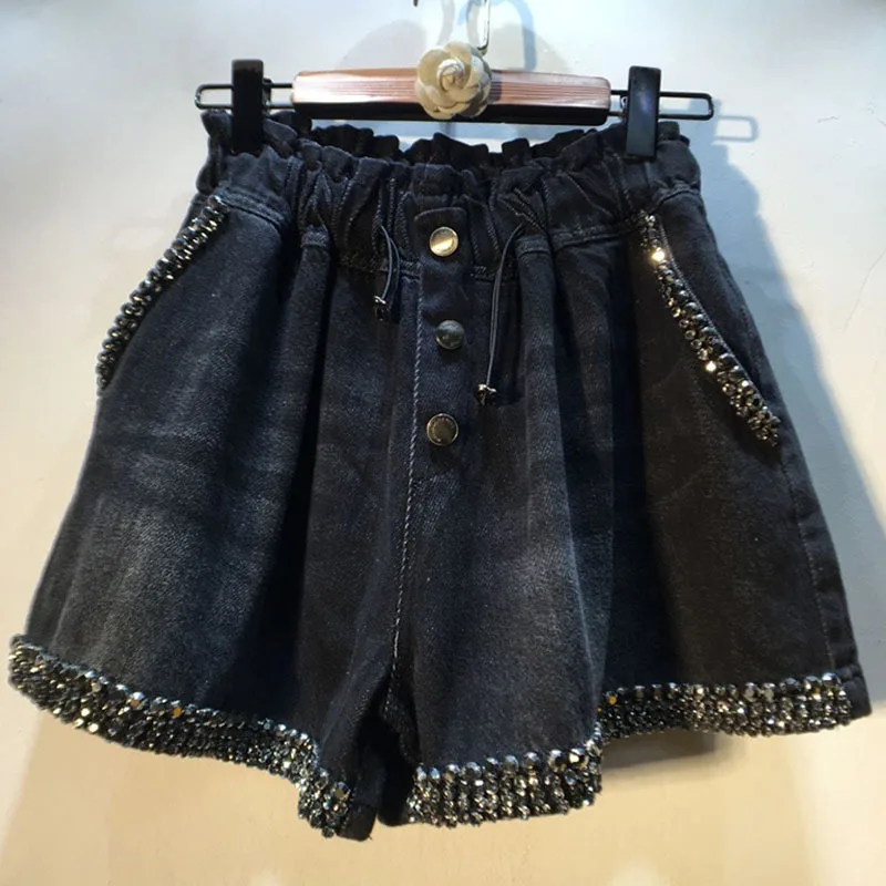 

Rhinestone Beaded Black Denim Shorts Women Elastic High Waist Slim Wide-Leg Jean Shorts 2023 Spring Summer Short Pants Hot Pants