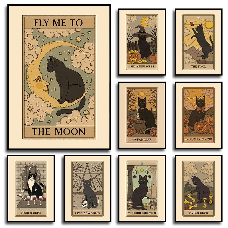만화 동물 고양이 타로 카드, 점성술 썬 문 퀸 포스터 및 프린트 캔버스 인쇄, 거실 장식 벽 아트 그림