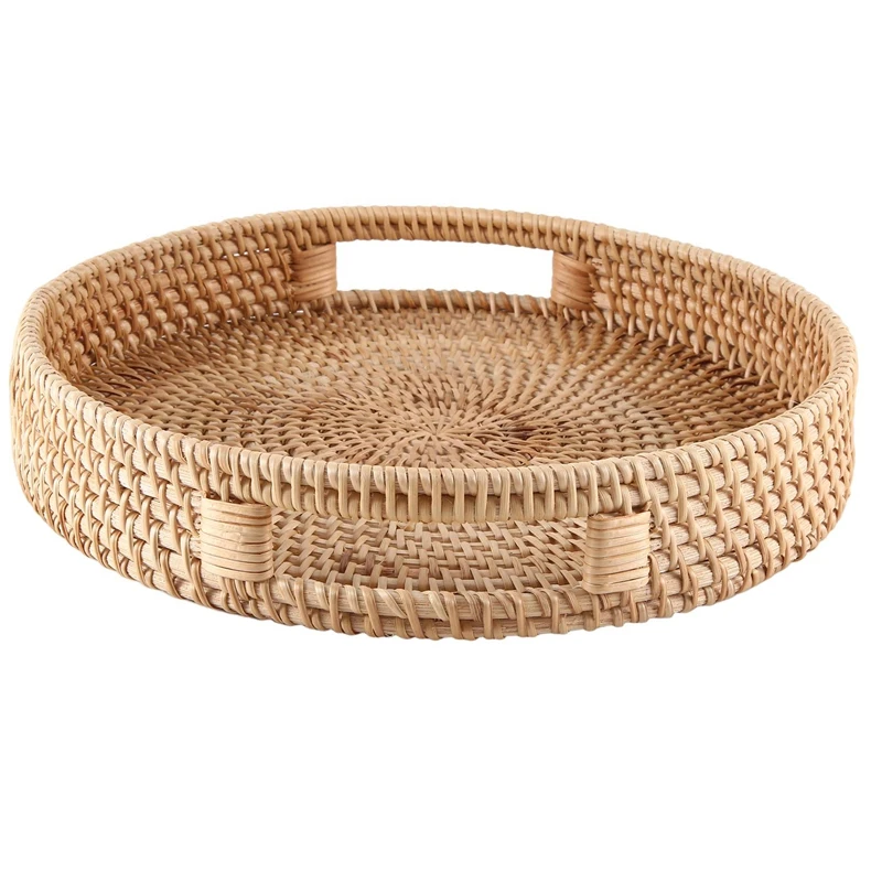 Round Rattan Serving Tray Decorative Woven Ottoman Trays With Handles For Coffee Table Natural 4