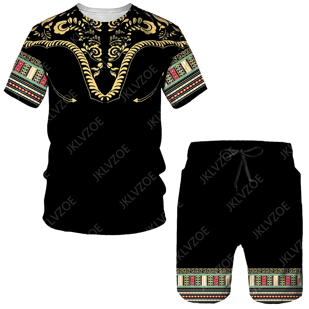 New 3D Printed African Summer Male Suit Men's T-shirts Sets Africa Dashiki Mens Tracksuit Vintage Oversized 2 Piece Sets