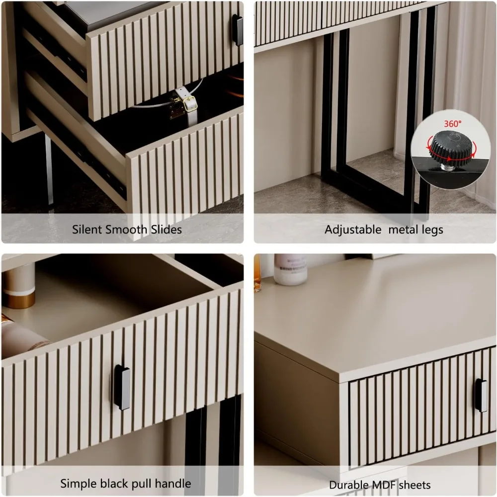 White Dressing Table with Mirror and Light, Small Makeup Table with 5 Drawers, Modern Makeup Table with Adjustable Cabinets 5