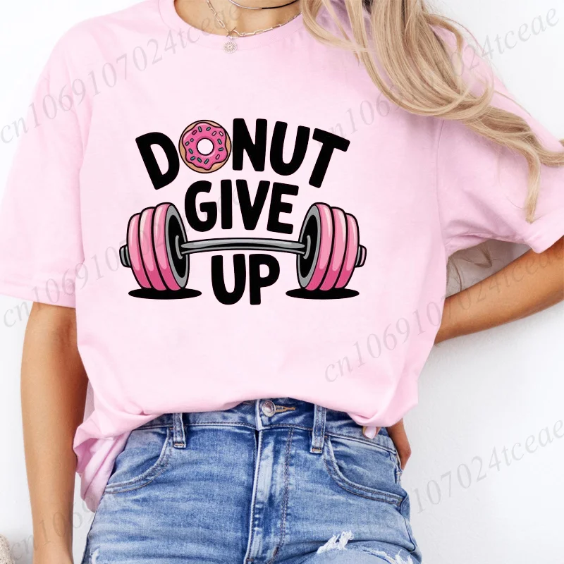 Doughnut Weightlifting Donut Give Up Girl T-Shirt Summer Tee Shirt Gym Lifting Gymer Cartoon Casual Popular Tshirt Vigor Leisure 2
