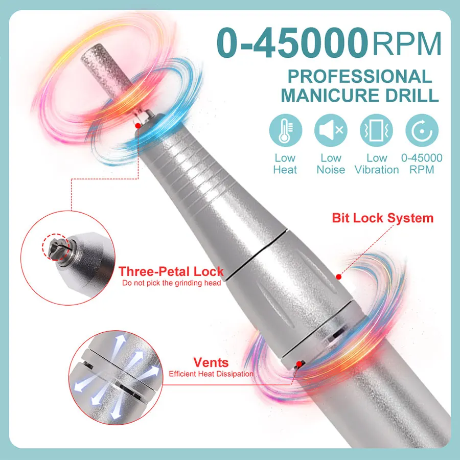 Electric Nail Drill 45000RPM Professional Rechargeable Low Noise Sander File for Manicure Salon Tool