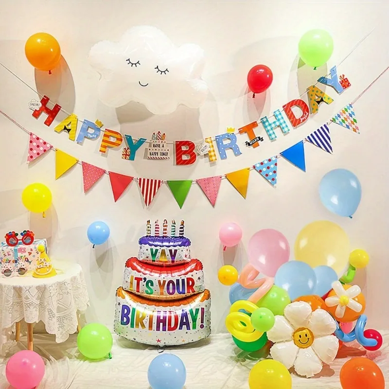 Vibrant Cartoon Themed Birthday Party Banner Decoration Including Multicolor Bunting and Scene Props for Festive Celebrations