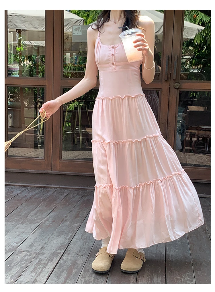 French Elegant Dresses for Women Solid Spaghetti Strap Summer New Ruffles A-line Casual Korean Chic Midi Vestidos Mujer