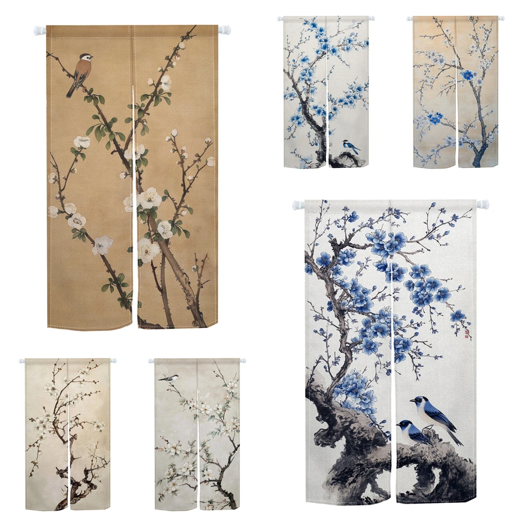 ม่านประตูญี่ปุ่นลายดอกพลัม สำหรับห้องนอน ห้องนั่งเล่น ม่านผ้าลินินกั้นห้อง ม่านตกแต่งบ้าน ม่านครัวแบบครึ่งบาน 1